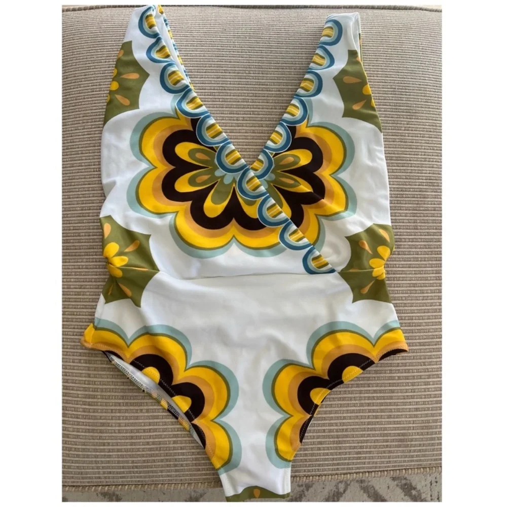 NWT. LA DoubleJ Retro Floral One-Piece Swimsuit - White/Yellow/Blue/Brown - Picture 4 of 5